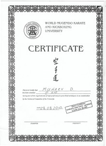 Сертификат о присуждении звания мастера уровня 3 кю в Международном Университете Кикбоксинга и Мугендо